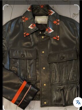 Valentino Black Leather Jacket with orange and white trim